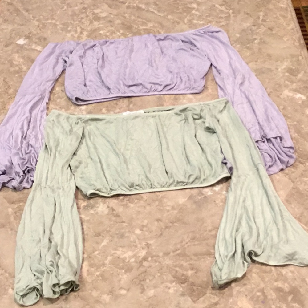 Set of two off the shoulder crop tops, light purple and gre…